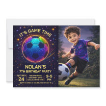 Neon fotboll födelsedagsfoto inbjudan