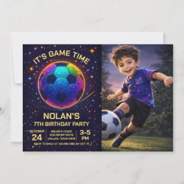 Neon fotboll födelsedagsfoto inbjudan