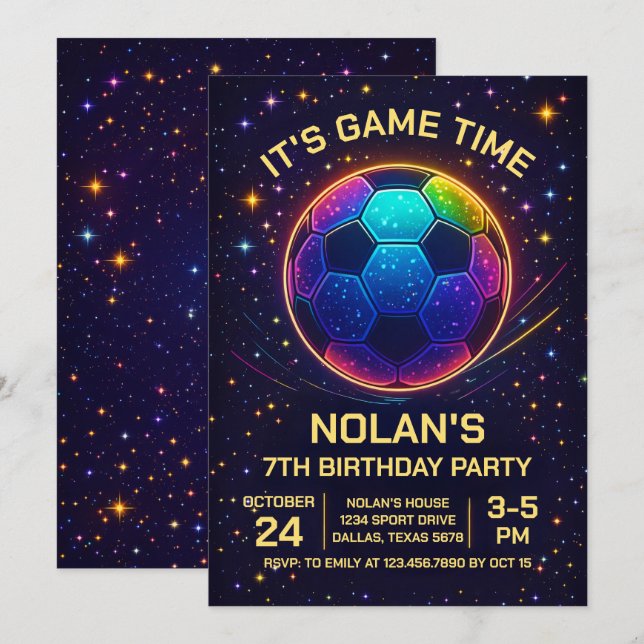 Neon fotbolls födelsedagsinbjudan inbjudningar (Fram/baksida)