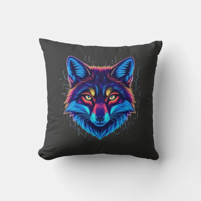 Neon Fox Face – Vibrant Glowing Design Kudde (Framsida)