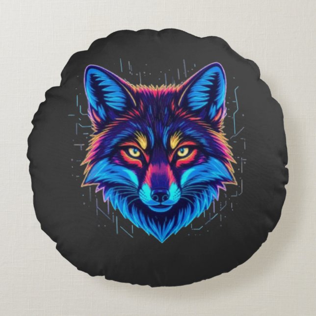 Neon Fox Face – Vibrant Glowing Design Rund Kudde (Framsidan)