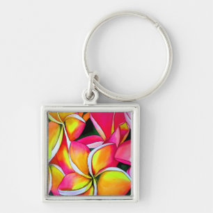 Neon Frangipani blommkonst Plumeria Fyrkantig Silverfärgad Nyckelring