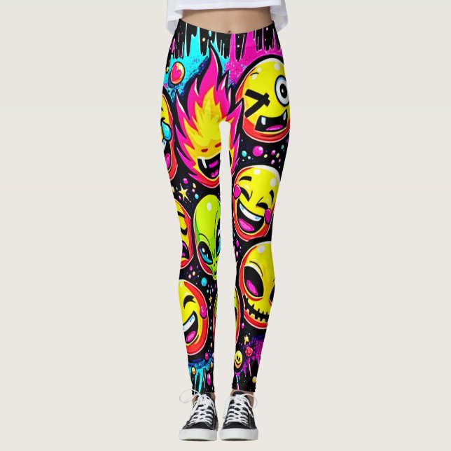 Neon Funky Emoji Mix Leggings (Framsida)