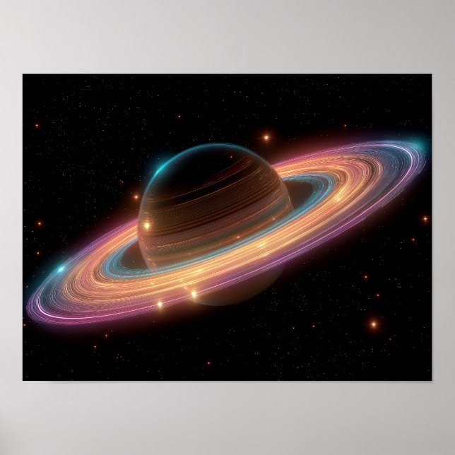 Neon Galactic Ring Planet Digital Art Cosmic  Poster (Framsidan)
