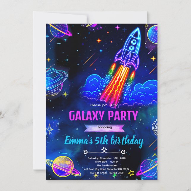 Neon Galaxy Rymdfödelsedagsinbjudan Inbjudningar (Framsida)