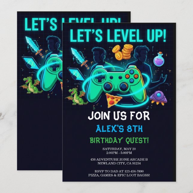 Neon Gamer Birthday Invitation Editable Template Inbjudningar (Fram/baksida)