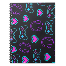Neon Gamer Controller and Hearts Pattern Anteckningsbok