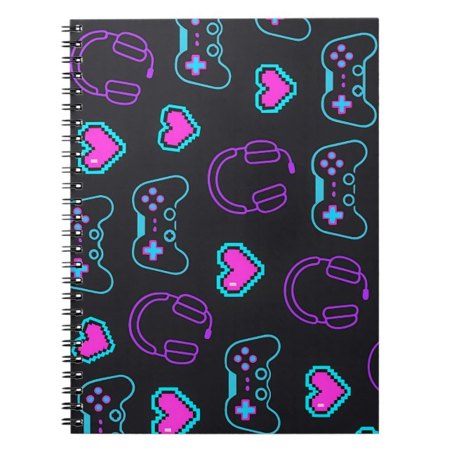Neon Gamer Controller and Hearts Pattern Anteckningsbok (Framsidan)