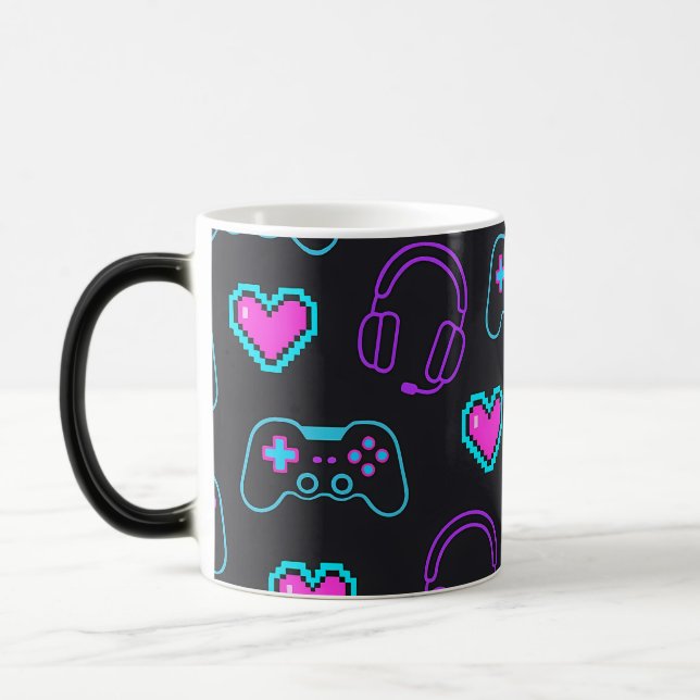 Neon Gamer Controller and Hearts Pattern Magisk Mugg (Vänster)