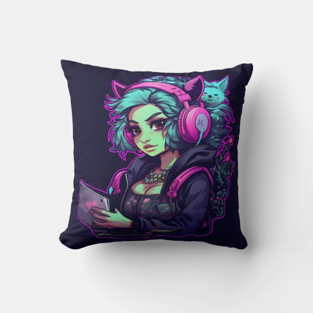 Neon Gamer-flicka Kudde (Framsida)