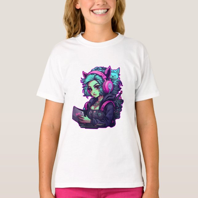 Neon Gamer-flicka T Shirt (Framsida)