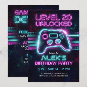 Neon Gamer Födelsedagsinbjudan Spel för tonårspojk Inbjudningar