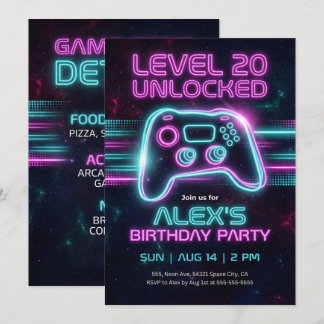 Neon Gamer Födelsedagsinbjudan Spel för tonårspojk Inbjudningar
