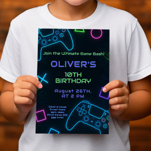 Neon Gamer Party - Video Game Birthday Inbjudningar