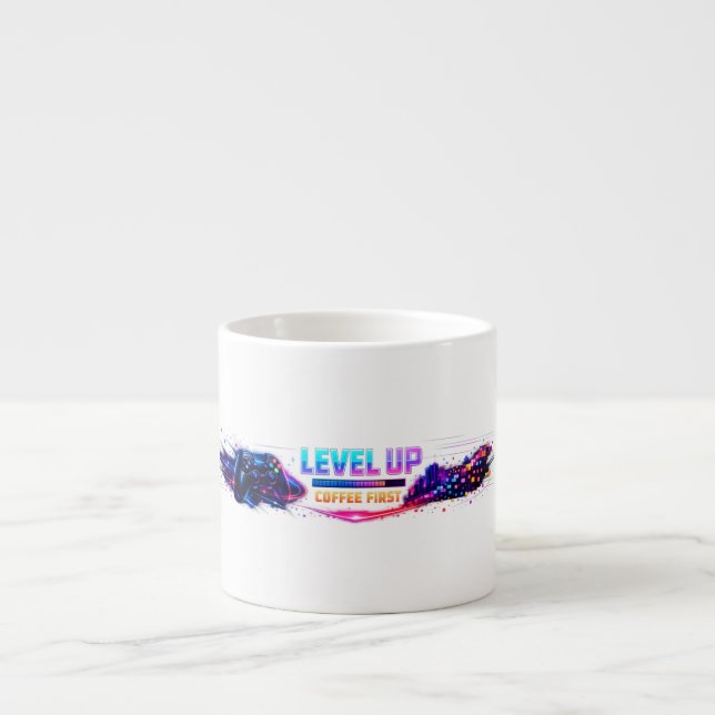 Neon Gamer Wrap Coffee Mug 🎮 | LEVEL UP Coffee Fi Espressomugg (Framsidan)