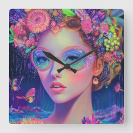 Neon Garden Goddess Fyrkantig Klocka