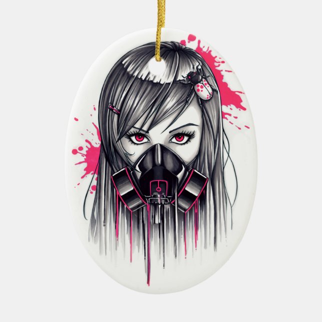 Neon Gas Mask Girl Julgransprydnad Keramik (Framsidan)