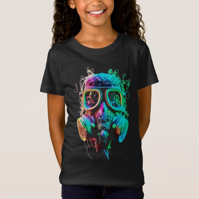 Neon Gas Mask: Vibrant Kaos Konst T Shirt (Framsida)