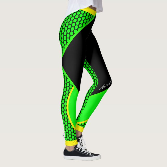 Neon Gelb Schwarz Grüne Punkte Streifen Leggings (Höger)