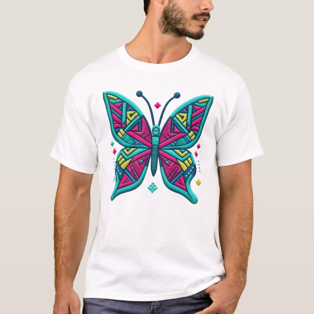 Neon Geo Butterfly Järn-On-Patch Art T Shirt (Framsida)