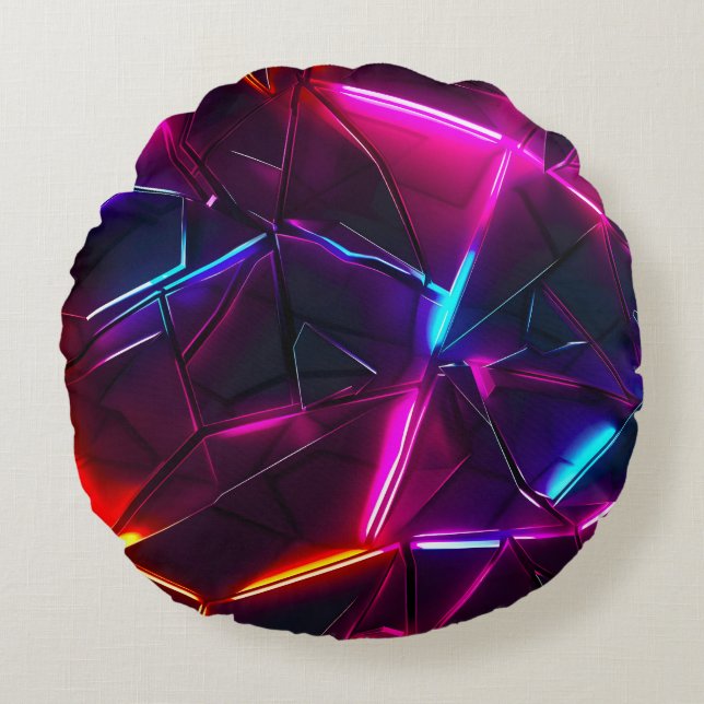 Neon Geometrisk Abstrakt Futuristisk Cyberpunk Rund Kudde (Framsidan)