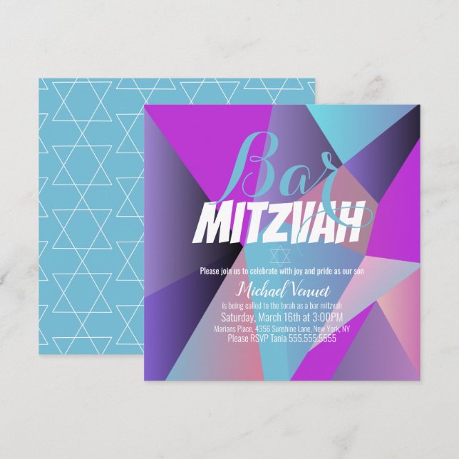 Neon Geometrisk Blå Vit Bar Mitzvah Inbjudningar (Fram/baksida)