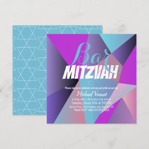 Neon Geometrisk Blå Vit Bar Mitzvah Inbjudningar