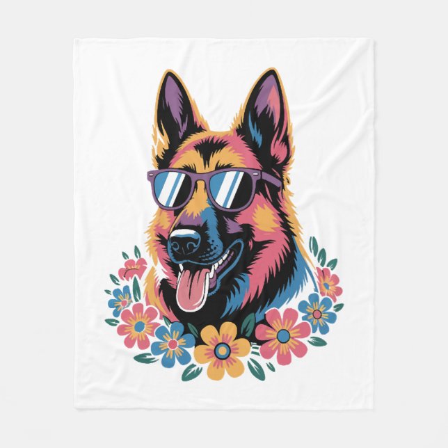 Neon German Shepherd with Sunglasses Fleecefilt (Framsidan)