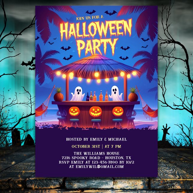 Neon Ghosts & Pumkins Tropical Bar Halloween Party Inbjudningar (Neon Ghosts & Pumkins Tropical Bar Halloween Party Invitation)
