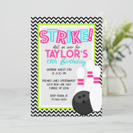 Neon Girl Chevron Bowling Birthday-inbjudningar Inbjudningar