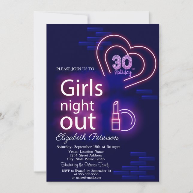 Neon Girls Natt ut 30års födelsedag Party Inbjudningar (Framsida)