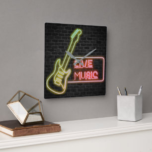 Neon gitarr skylt på tegel fyrkantig klocka