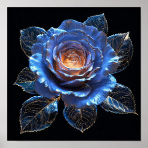💙 Neon Glas Blå Ros Glödande Fantasi Blommig Kons Poster