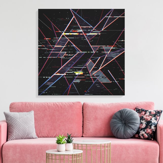 Neon Glitchcore Geometriska Former på Svart Canvastryck (Insitu (Vardagsrum))