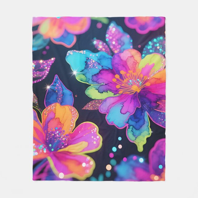 Neon Glitter Blommönster Fleecefilt (Framsidan)