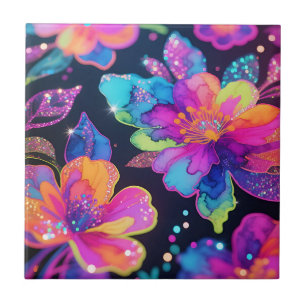 Neon Glitter Blommönster Kakelplatta