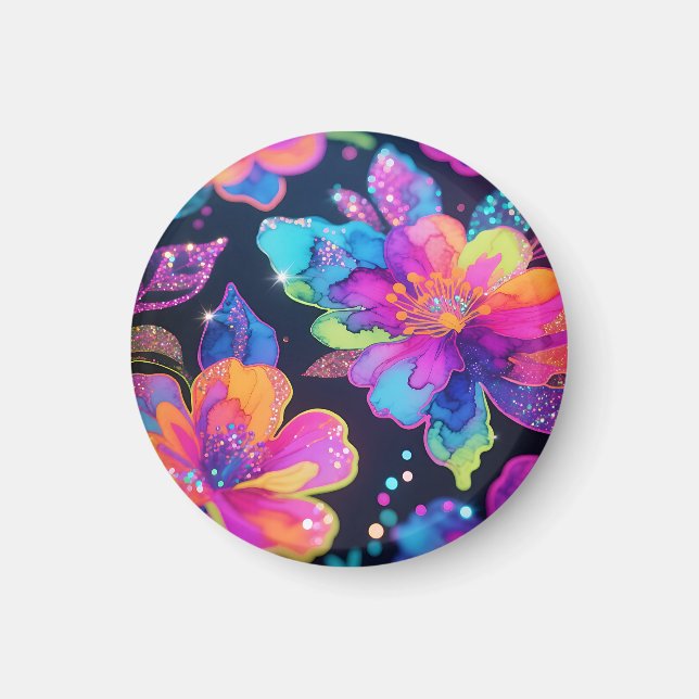 Neon Glitter Blommönster Magnet (Framsidan)