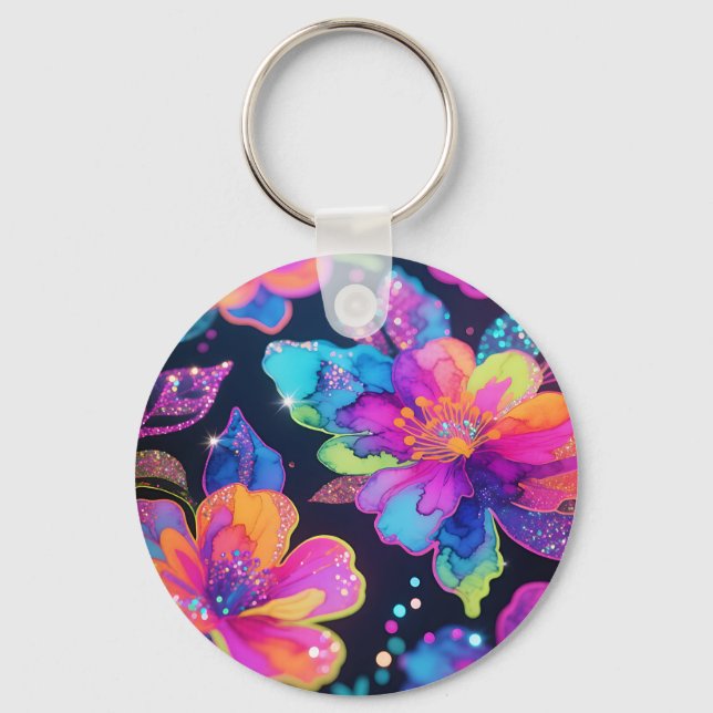 Neon Glitter Blommönster Nyckelring (Framsida)