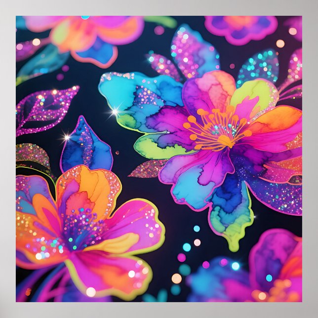 Neon Glitter Blommönster Poster (Framsidan)