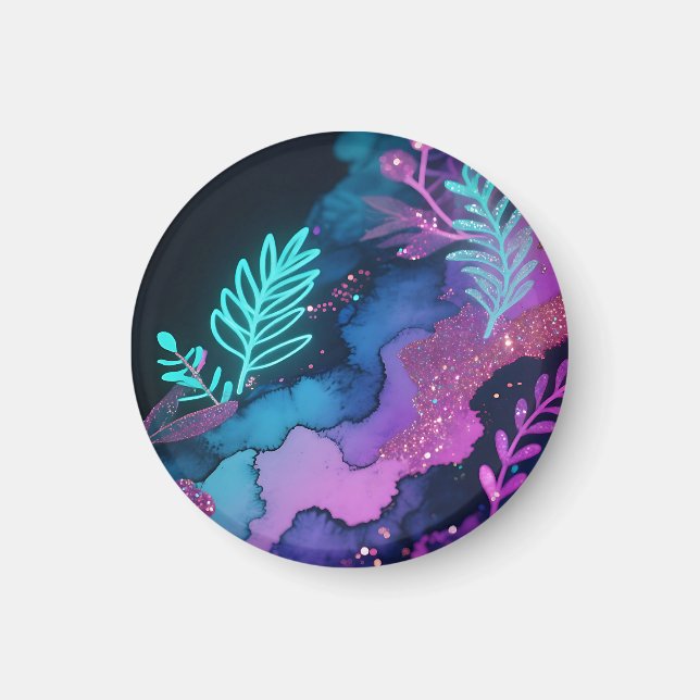 Neon Glitter Botanisk Abstrakt Magnet (Framsidan)