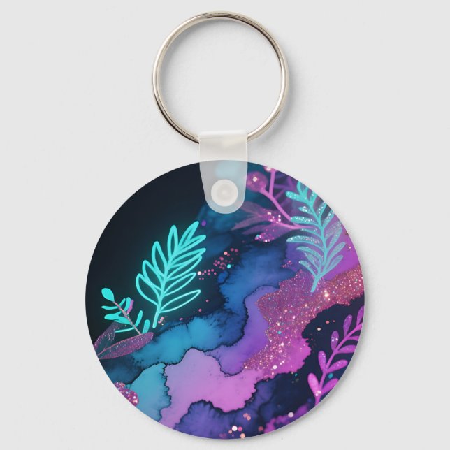 Neon Glitter Botanisk Abstrakt Nyckelring (Framsida)