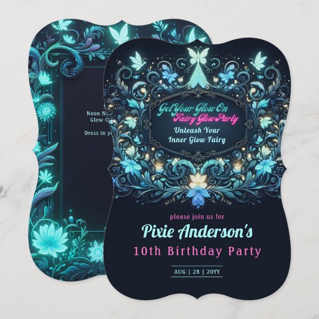Neon Glöd Älvparty Tema - Sago Efter Mörkret Inbjudningar (Fram/baksida)
