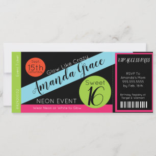 Neon Glöd Biljett Sweet Sixteen Födelsedags VIP Inbjudningar