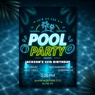 Neon Glöd Blå Grön Pool Födelsedagsfest Inbjudningar