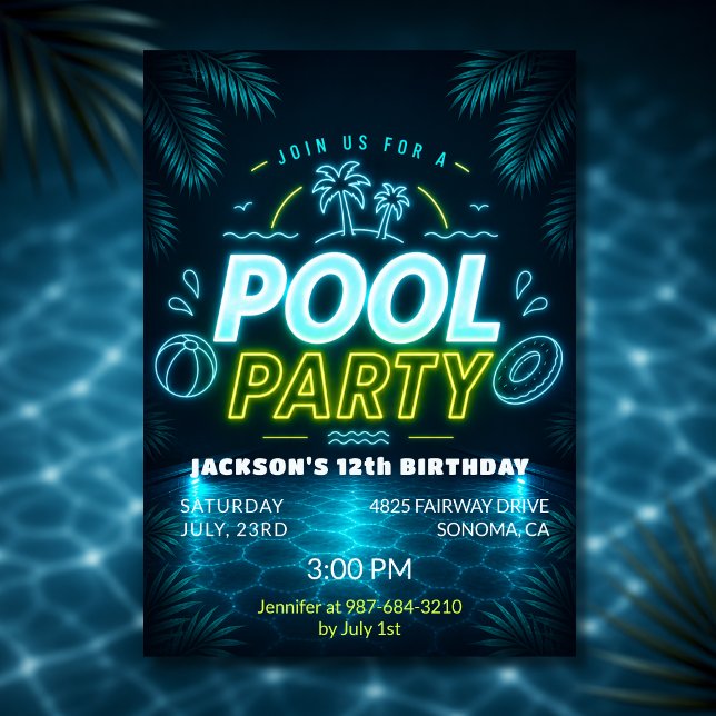 Neon Glöd Blå Grön Pool Födelsedagsfest  Inbjudningar (Skapare uppladdad)