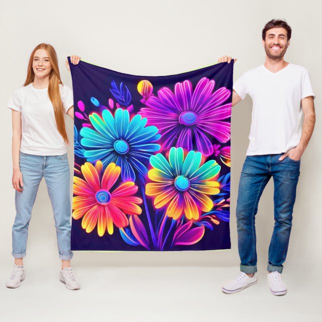 Neon Glöd Blommig Fantasy Konst Fleecefilt (På plats)