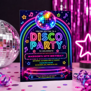 Neon Glöd Disco Fest Födelsedagsfirande Inbjudningar