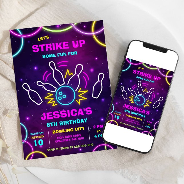 Neon Glöd Födelsedagsinbjudan Bowlingfest Inbjudningar (Skapare uppladdad)