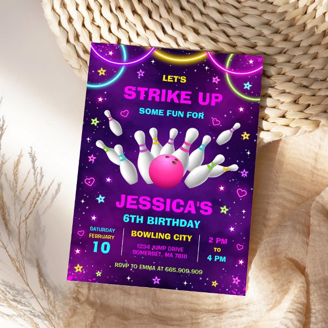 Neon Glöd Födelsedagsinbjudan till Bowlingfest Inbjudningar (Skapare uppladdad)