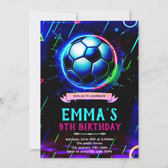 Neon glöd Fotbolls Inbjudan (Framsida)
